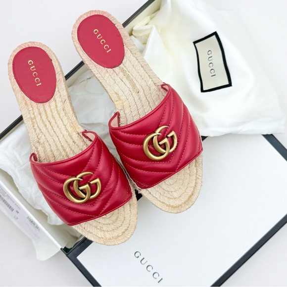 Gucci Shoes - Gucci Charlotte Matelesse Espadrille Marmont Slide Sandal Hibiscus Red Leather 8